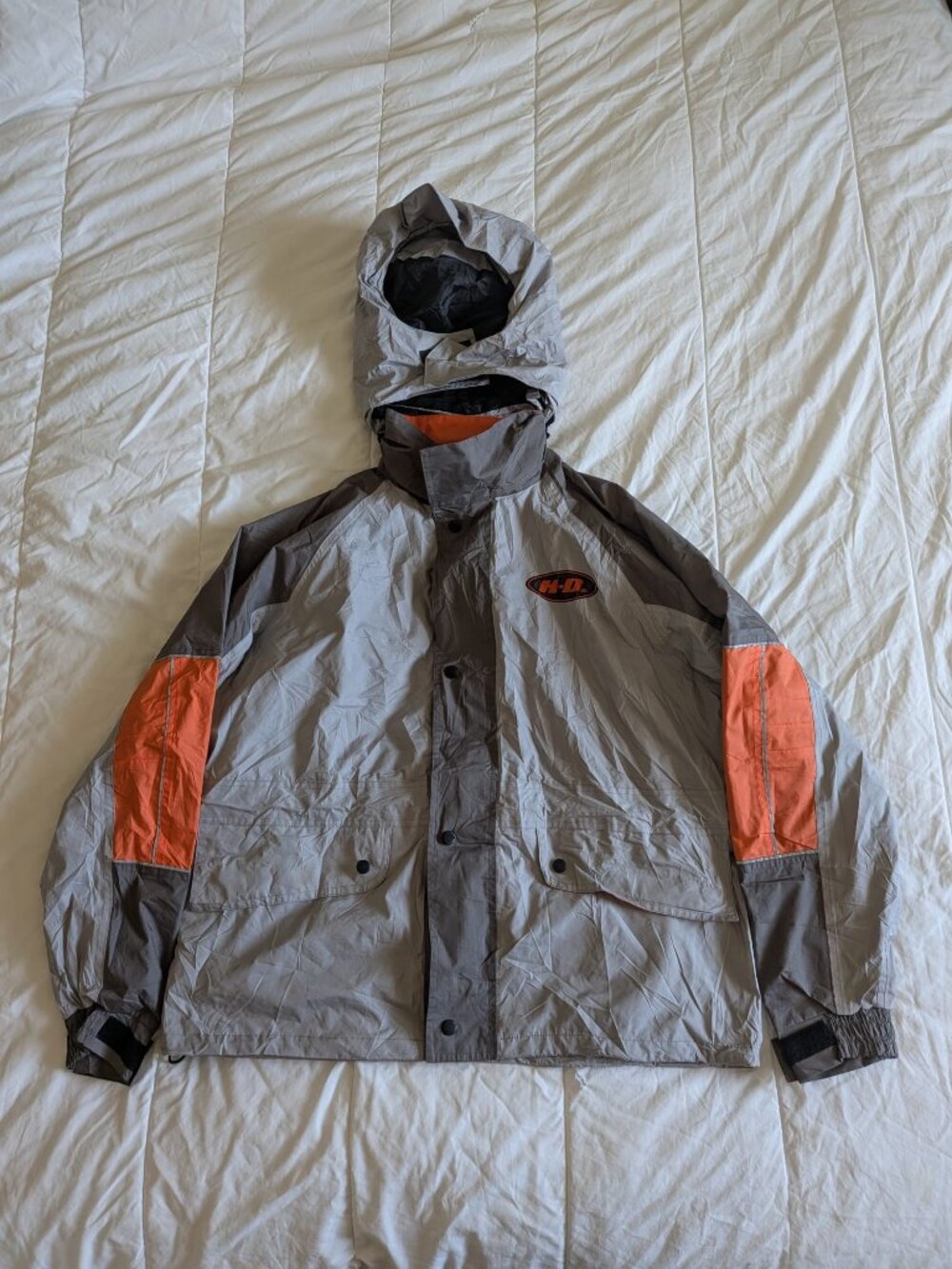 Harley-Davidson Men's L Motorcycle Rain Jacket Gray Orange 3M Reflective Hood